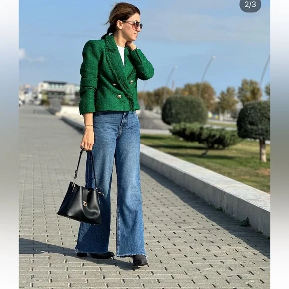 🆕(NWT) ZARA Bloggers Fav Green Tweed Double Breasted Cropped Blazer. Size XS - Picture 5 of 16